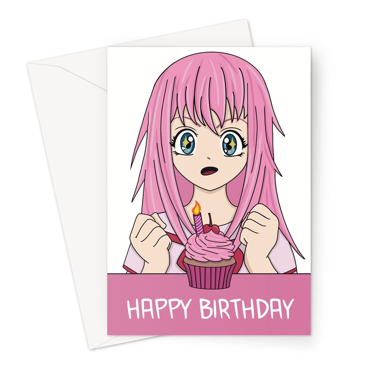 Happy Birthday Card - Cute Anime Girl With Pink Cupcake - A5 Greeting –  Cupsie's Creations
