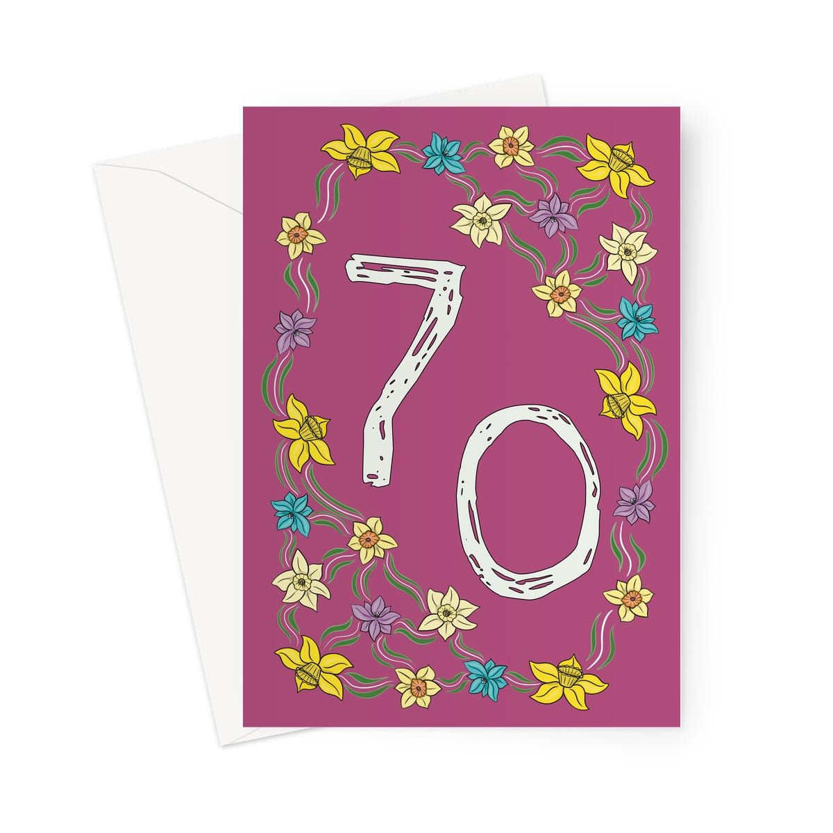 70th birthday card for her with hand-drawn floral border featuring yellow, blue, and purple flowers on a deep purple background.