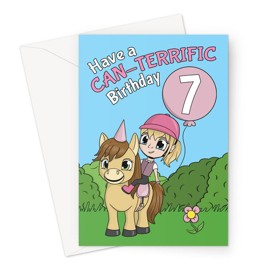 Cute horse-themed 7th birthday card for girls featuring a cartoon pony with a birthday hat, a young rider in pink equestrian gear, and a pink balloon with the number 7. Bright and cheerful outdoor scene with bushes, grass, and a flower.