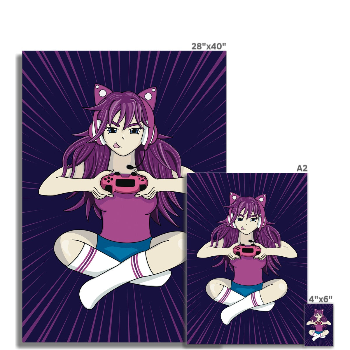 Purple Gamer Girl In Japanese Anime Style Fine Art Print - Size Chart