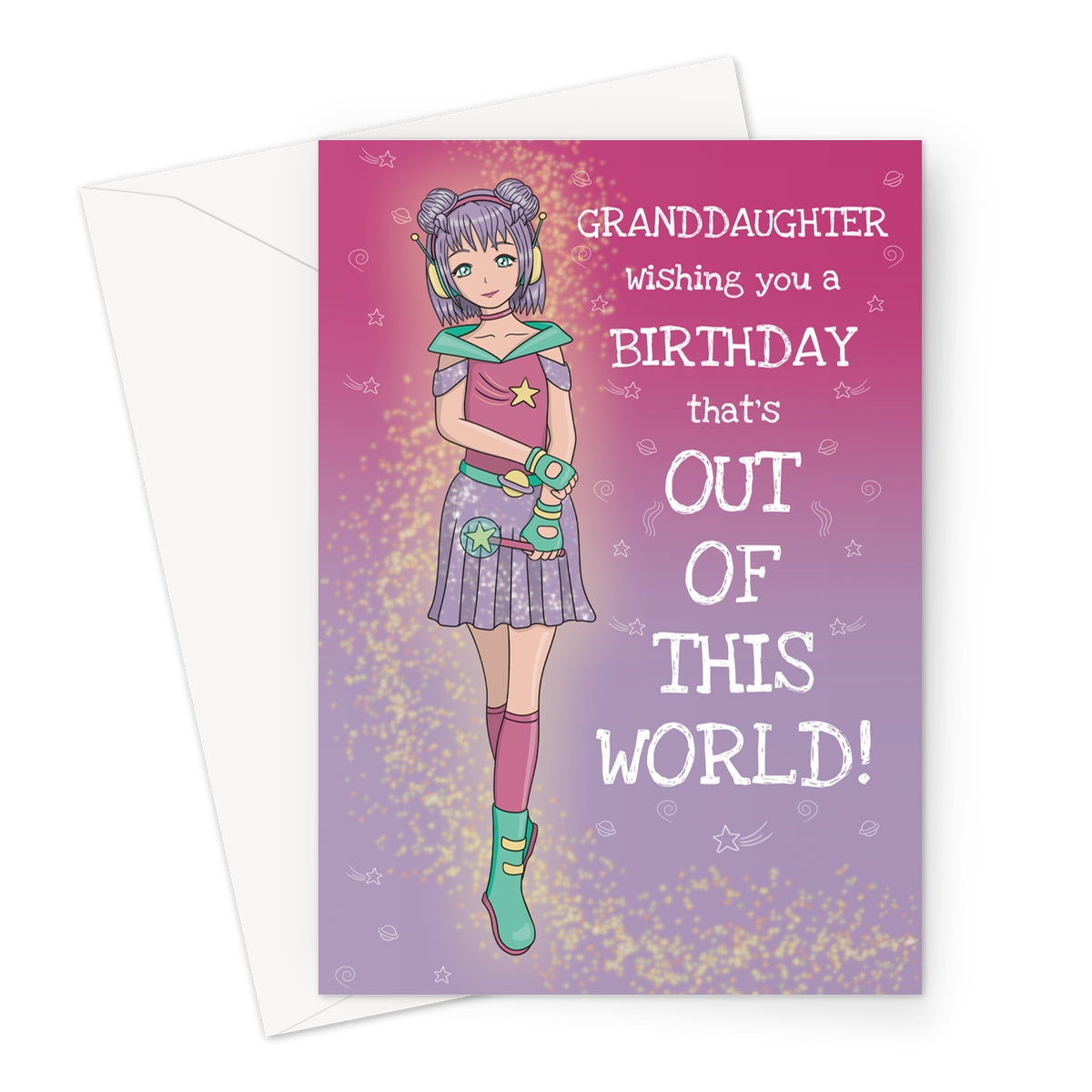 A hand-illustrated birthday card featuring an anime-style space girl with purple hair styled in buns, wearing futuristic cosmic attire with star-themed accessories. The background is a gradient of pink and purple, adorned with gold sparkles, stars, and planets. The text reads: "Granddaughter, wishing you a birthday that's OUT OF THIS WORLD!"