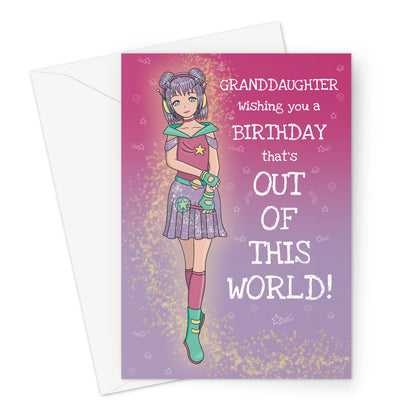 A hand-illustrated birthday card featuring an anime-style space girl with purple hair styled in buns, wearing futuristic cosmic attire with star-themed accessories. The background is a gradient of pink and purple, adorned with gold sparkles, stars, and planets. The text reads: "Granddaughter, wishing you a birthday that's OUT OF THIS WORLD!"