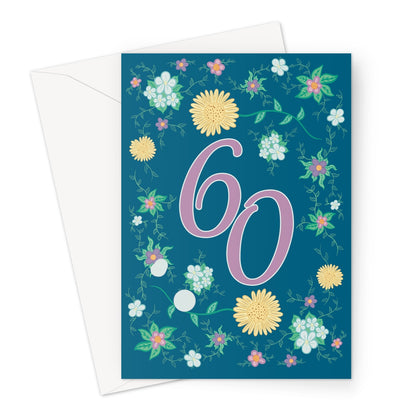 60th birthday card for her with floral design, gold sunbursts, and elegant purple typography on a deep blue background.