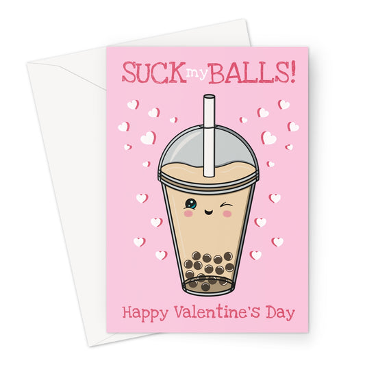 Funny Valentine’s Day card with a winking boba tea cup, black tapioca pearls, hearts, and text reading 'Suck My Balls' on a pink background.