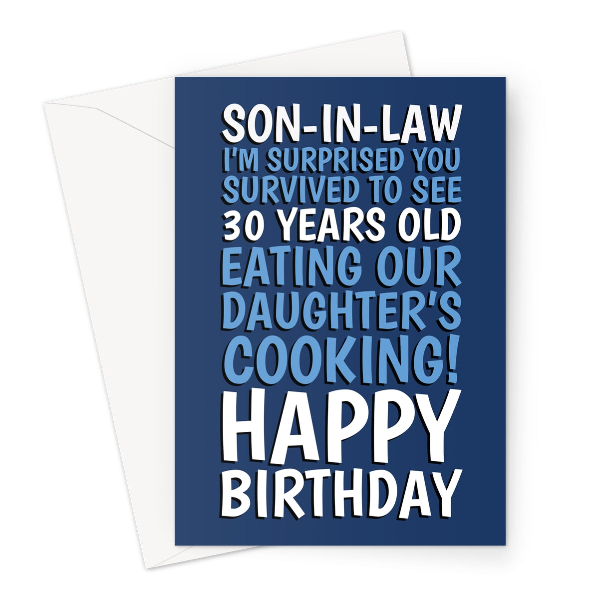 Funny son-in-law 30th birthday card with text that reads, "Son-in-law, I'm surprised you survived to see 30 years old eating our daughter's cooking! Happy Birthday!" on a blue background.