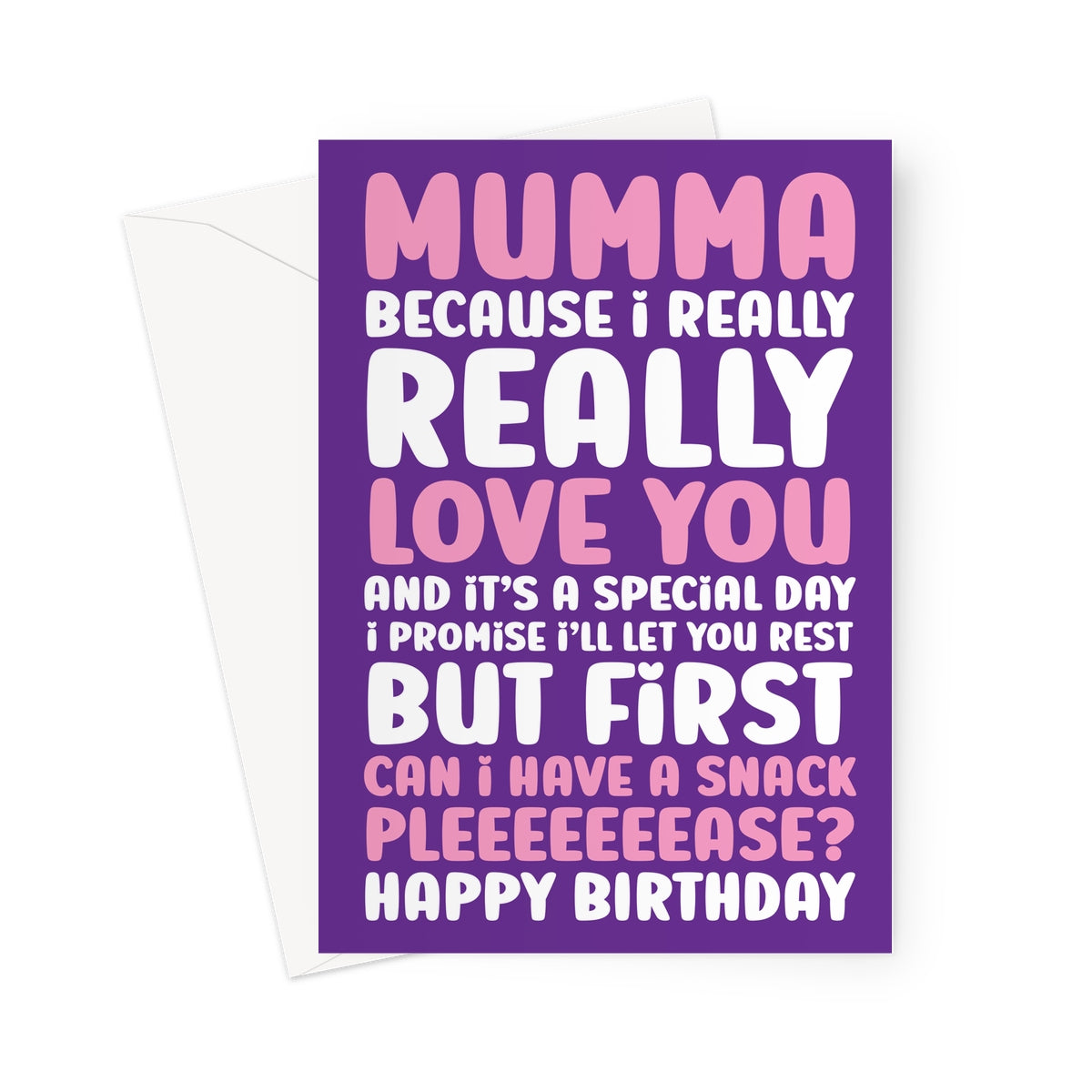 Purple birthday card for Mumma with bold pink and white text, featuring a funny snack-related message from kids. Perfect for a heartfelt and humorous birthday surprise.