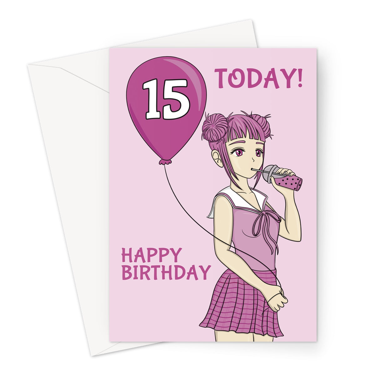 Happy 15th Birthday - Anime Girl Drinking Bubble Tea Card