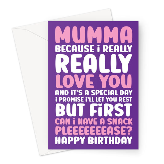 Purple birthday card for Mumma with bold pink and white text, featuring a funny snack-related message from kids. Perfect for a heartfelt and humorous birthday surprise.