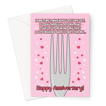 Funny anniversary card with a pink background, a silver fork illustration, and humorous text about looking through a fork to avoid life behind bars. Features red and white heart decorations with bold, playful typography.