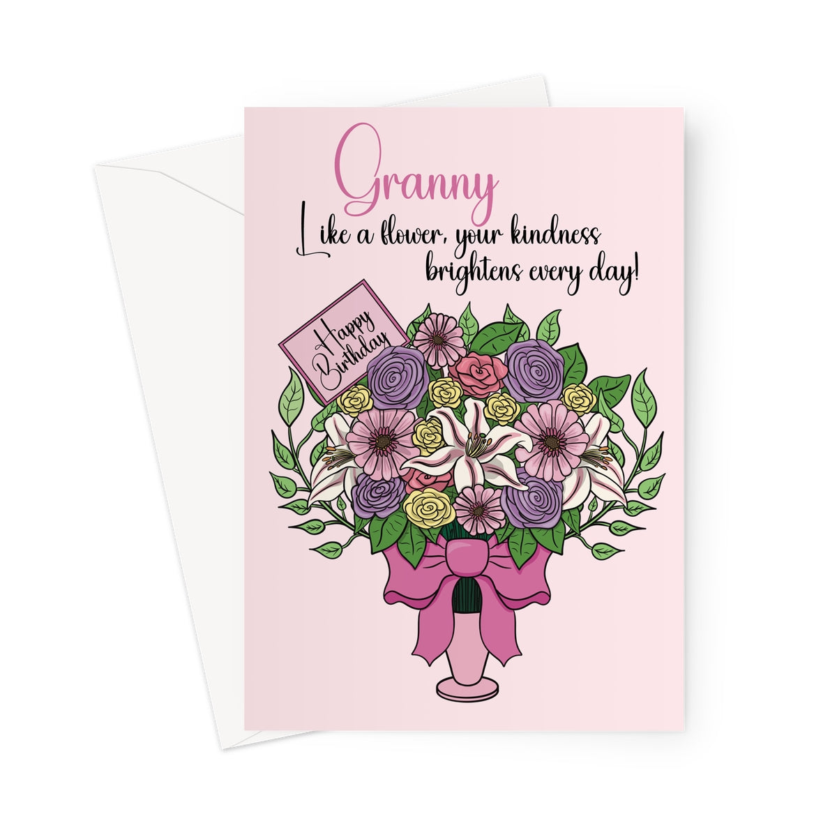 Birthday card for granny featuring a colourful floral bouquet with roses, lilies, and heartfelt message on a pink background.