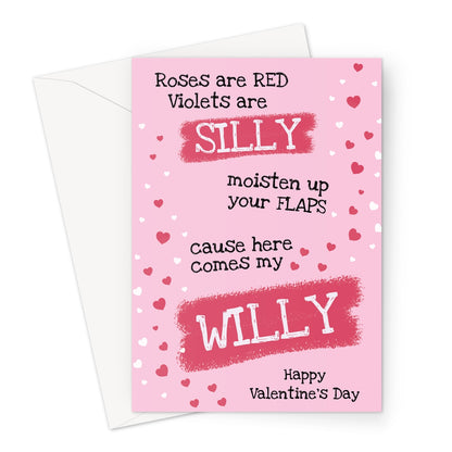 Cheeky Valentine's Day card with a funny "Roses are Red" poem and playful Willy twist on a pink heart-filled background.