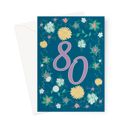 80th birthday card for her with floral design, gold sunbursts, and elegant purple typography on a deep blue background.