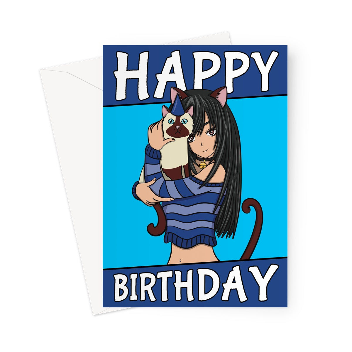 Anime Girl And Pet Kitty Birthday Card