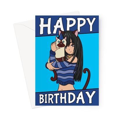 Anime Girl And Pet Kitty Birthday Card