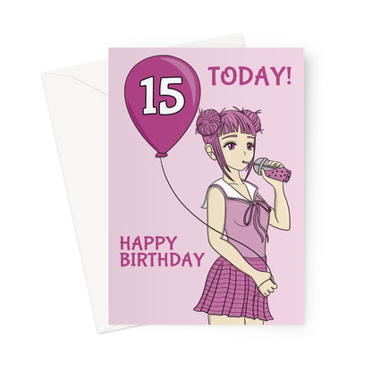 Happy 15th Birthday - Anime Girl Drinking Bubble Tea Card