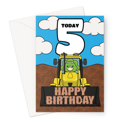 Boys 5th Birthday Card - Dinosaur Digger