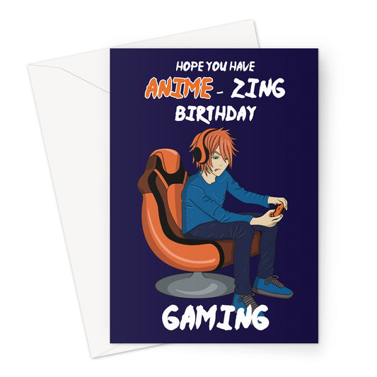 Anime Gamer Boy Birthday Card - Orange Hair