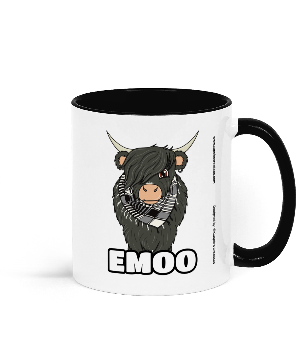 Funny emo cow mug featuring a cartoon Highland cow with emo hairstyle and scarf, labeled 'Emoo.'