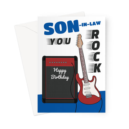 Son-in-law birthday card with electric guitar and amplifier design, featuring 'You Rock' text and 'Happy Birthday' message.