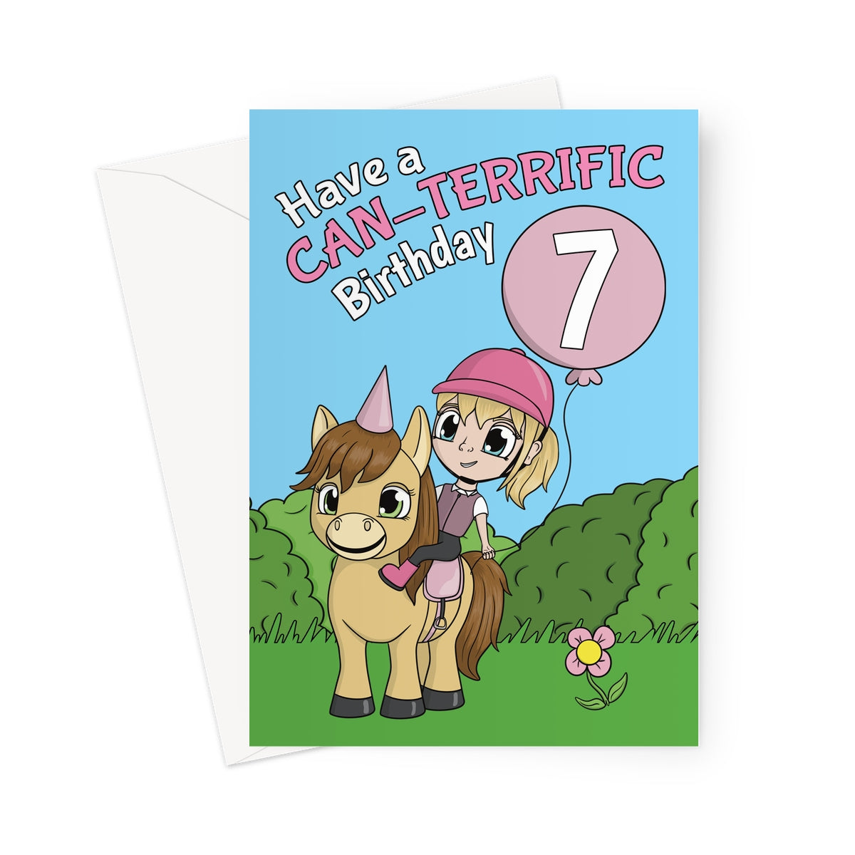 Cute horse-themed 7th birthday card for girls featuring a cartoon pony with a birthday hat, a young rider in pink equestrian gear, and a pink balloon with the number 7. Bright and cheerful outdoor scene with bushes, grass, and a flower.