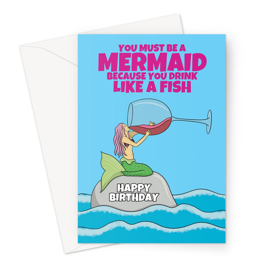 Funny Mermaid Birthday Card For Adult - Wine Drinker