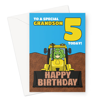 5th Birthday Card For Grandson - Dinosaur Digger