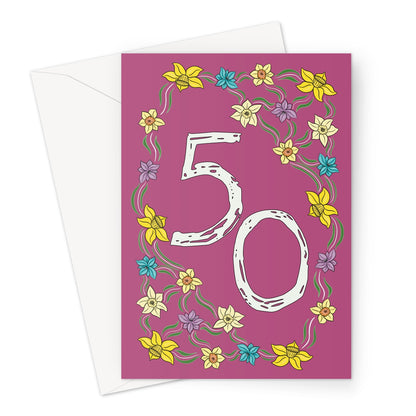 50th birthday card for her with hand-drawn floral border featuring yellow, blue, and purple flowers on a deep purple background.