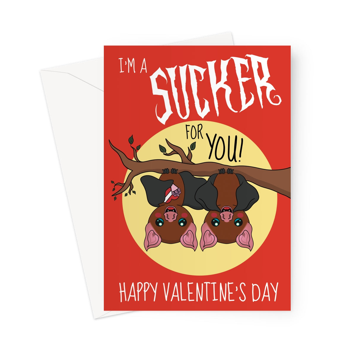 Illustration of two cute cartoon bats hanging upside down from a branch with the text "I'm a Sucker for You" and "Happy Valentine's Day" on a red background. Perfect for a playful Valentine's Day card.