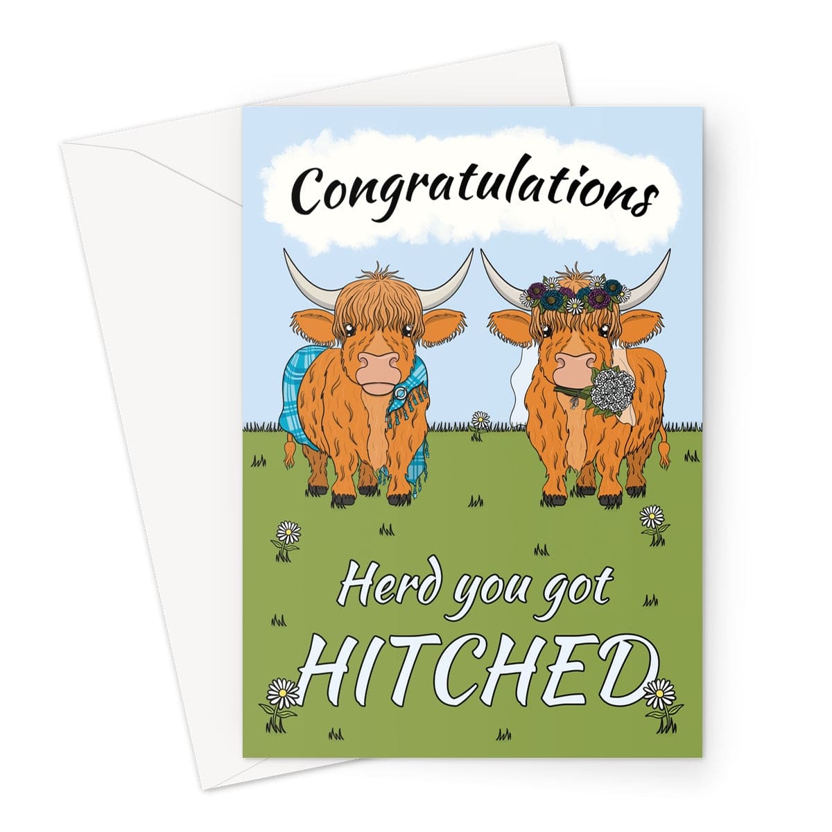 Funny Highland Cow Wedding Card with two cartoon Highland cows dressed as bride and groom, featuring the text “Congratulations” and “Herd you got HITCHED” against a green grassy background. Perfect for wedding day congratulations.