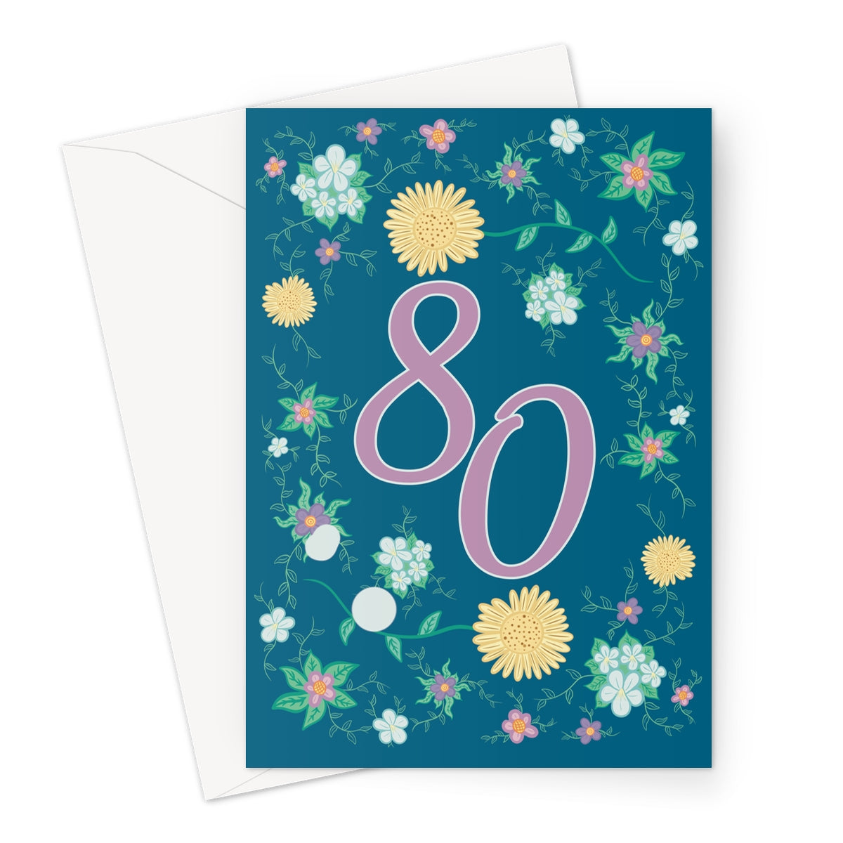 80th birthday card for her with floral design, gold sunbursts, and elegant purple typography on a deep blue background.