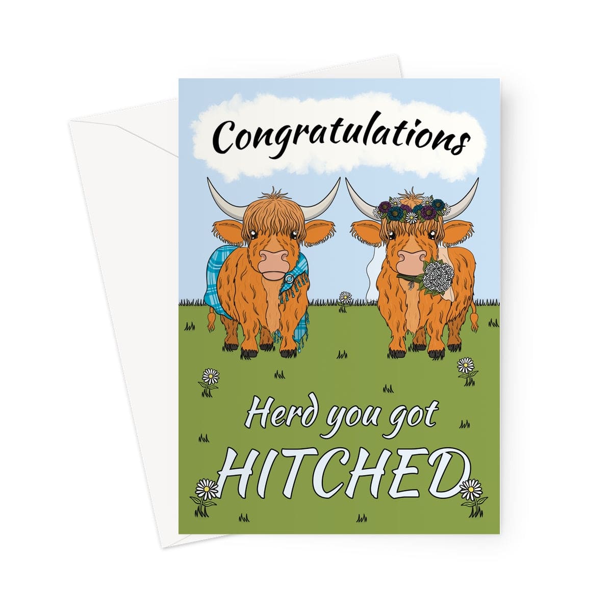 Funny Highland Cow Wedding Card with two cartoon Highland cows dressed as bride and groom, featuring the text “Congratulations” and “Herd you got HITCHED” against a green grassy background. Perfect for wedding day congratulations.