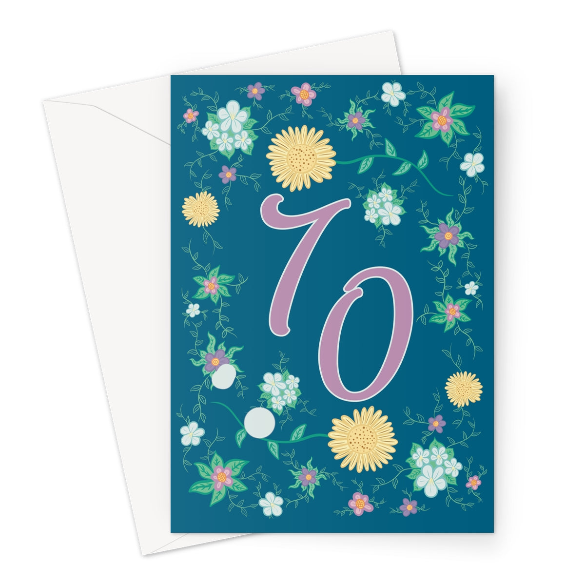 70th birthday card for her with floral design, gold sunbursts, and elegant purple typography on a deep blue background.