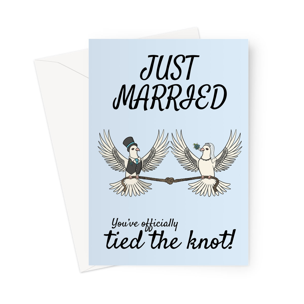 Funny just married card featuring two lovebirds dressed as a bride and groom holding a knotted rope. Text reads 'You've officially tied the knot!' Perfect for wedding, engagement, or anniversary gifts.