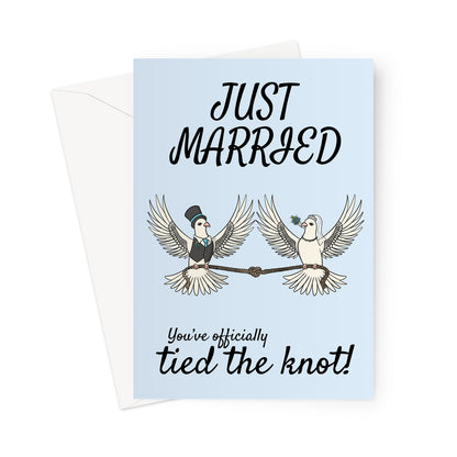 Funny just married card featuring two lovebirds dressed as a bride and groom holding a knotted rope. Text reads 'You've officially tied the knot!' Perfect for wedding, engagement, or anniversary gifts.