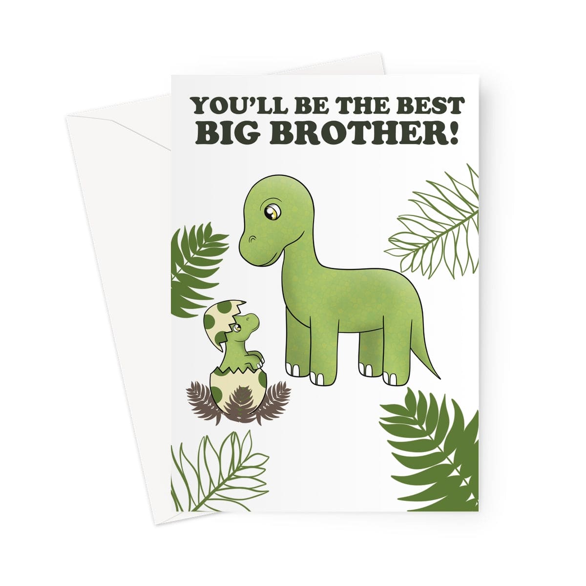 Cute dinosaur-themed new baby card featuring a big green dinosaur with a newly hatched baby sibling. Surrounded by tropical leaves, the card reads, "You'll Be the Best Big Brother!" Perfect for celebrating a growing family and congratulating a new big brother.