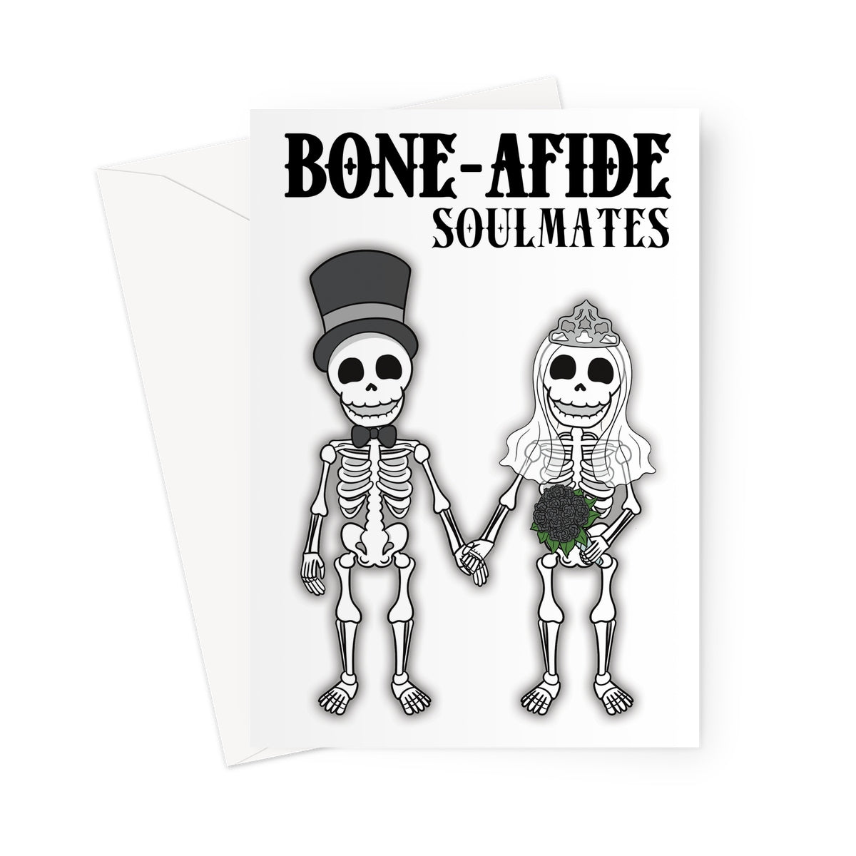 Funny gothic wedding card featuring a skeleton bride and groom holding hands with 'Bone-Afide Soulmates' text. Perfect for alternative weddings, anniversaries, and Halloween-themed love gifts.