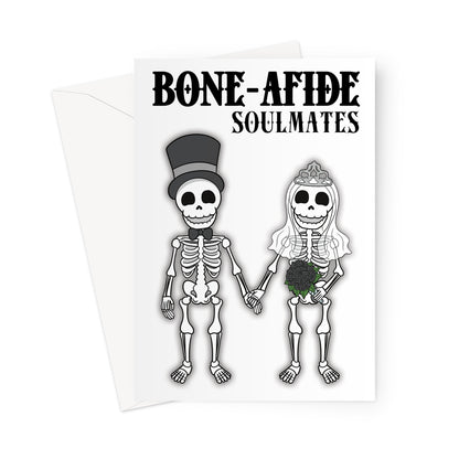 Funny gothic wedding card featuring a skeleton bride and groom holding hands with 'Bone-Afide Soulmates' text. Perfect for alternative weddings, anniversaries, and Halloween-themed love gifts.