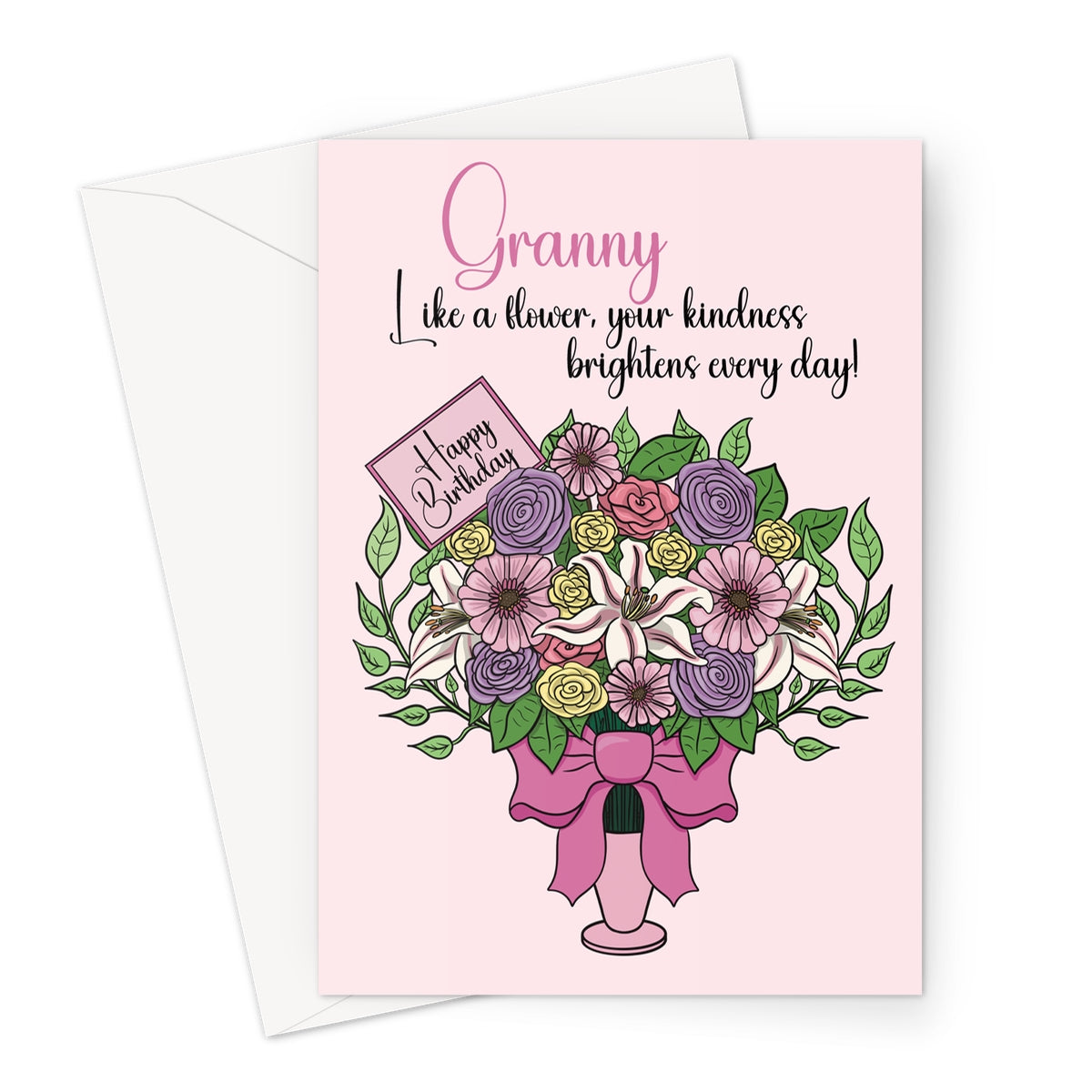 Birthday card for granny featuring a colourful floral bouquet with roses, lilies, and heartfelt message on a pink background.