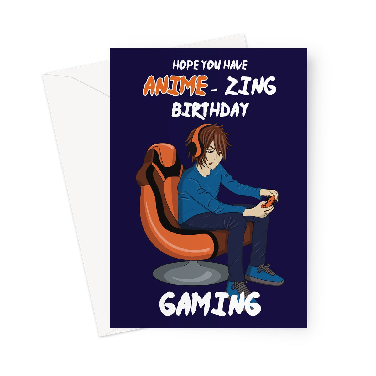 Anime Boy Birthday Card - Brown Haired Gamer