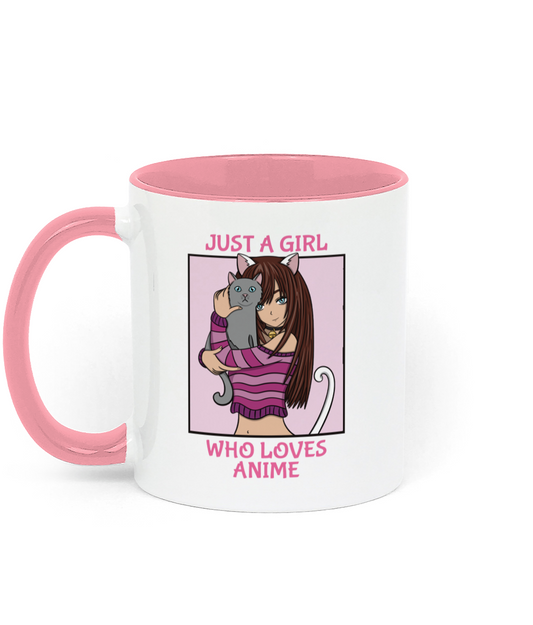 11oz mug with a pink handle and interior, featuring an anime girl holding a gray cat. Text reads 'Just a Girl Who Loves Anime'—a fun gift for anime and cat enthusiasts.