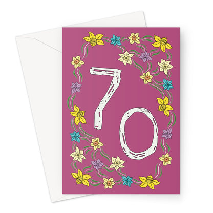 70th birthday card for her with hand-drawn floral border featuring yellow, blue, and purple flowers on a deep purple background.