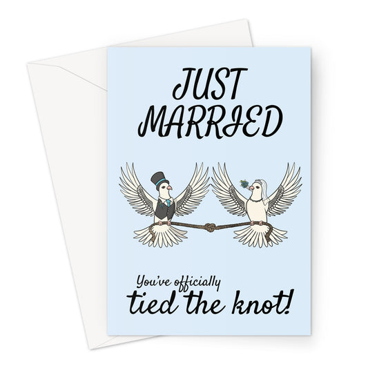 Funny just married card featuring two lovebirds dressed as a bride and groom holding a knotted rope. Text reads 'You've officially tied the knot!' Perfect for wedding, engagement, or anniversary gifts.