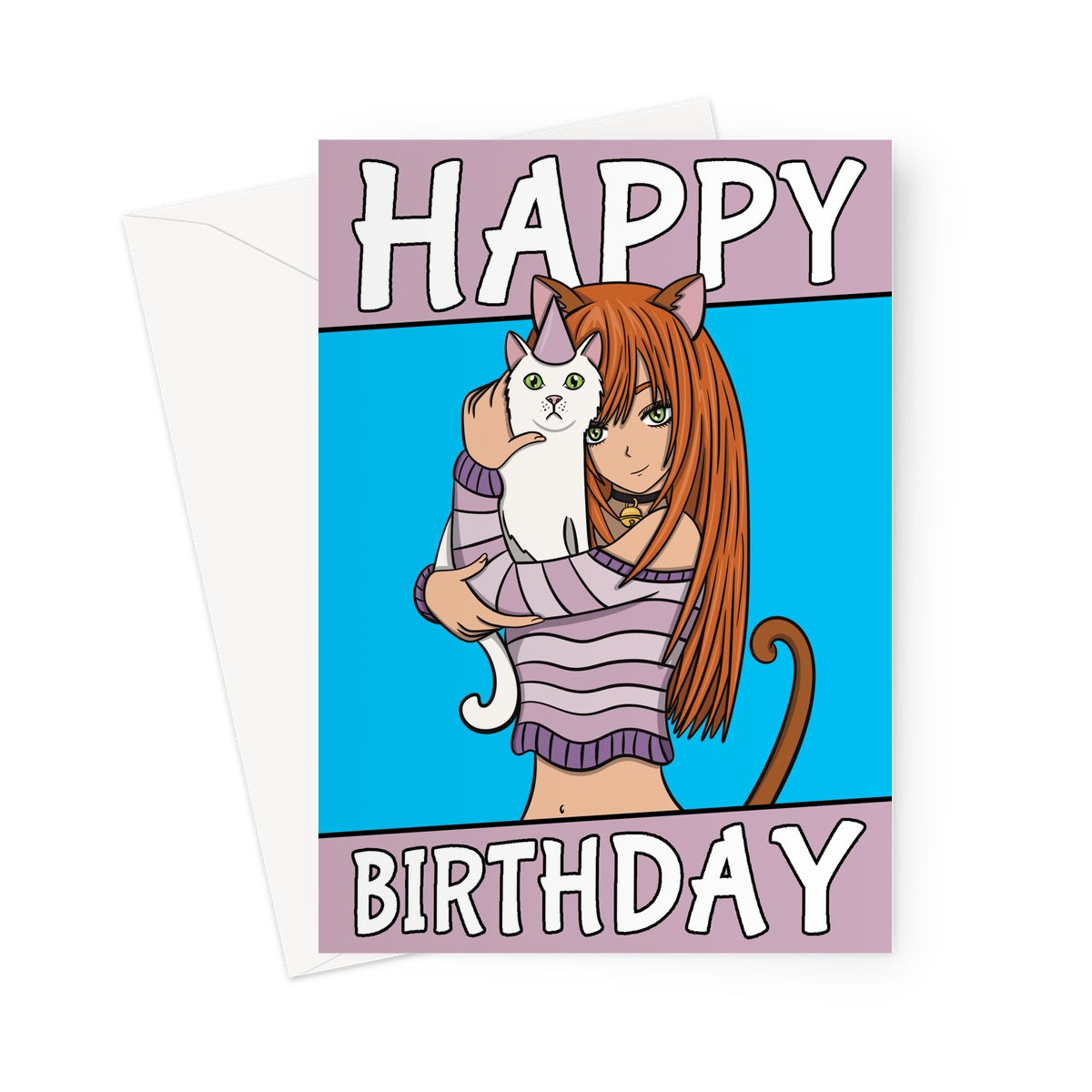 Cute anime girl and her pet cat birthday card