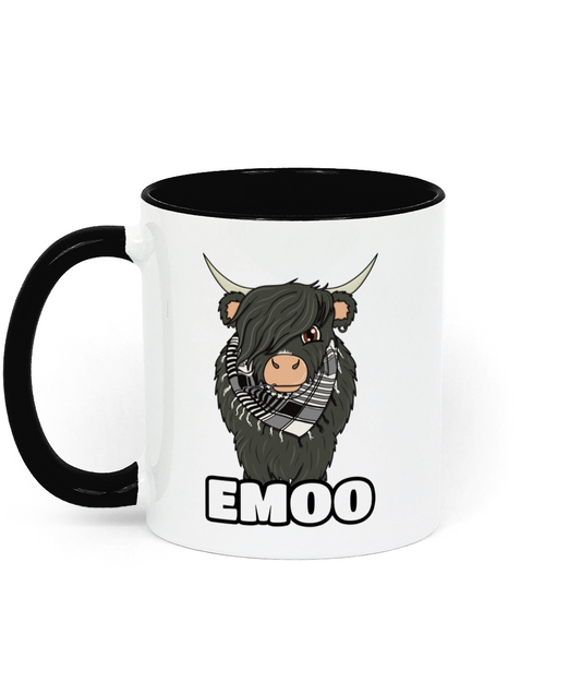 Funny emo cow mug featuring a cartoon Highland cow with emo hairstyle and scarf, labeled 'Emoo.'