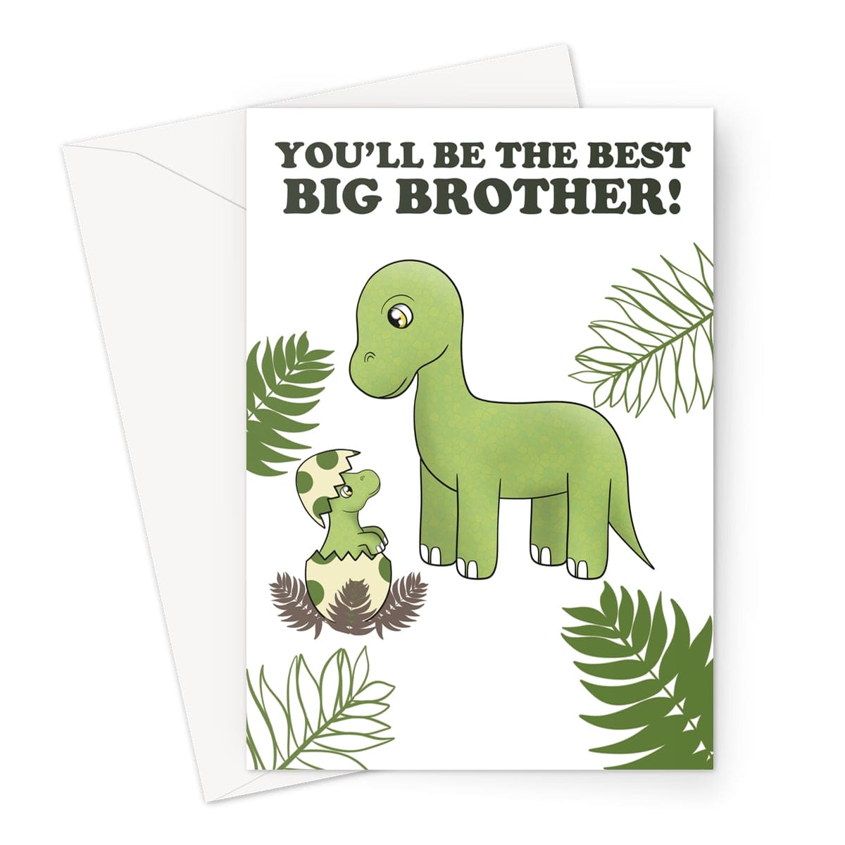 Cute dinosaur-themed new baby card featuring a big green dinosaur with a newly hatched baby sibling. Surrounded by tropical leaves, the card reads, "You'll Be the Best Big Brother!" Perfect for celebrating a growing family and congratulating a new big brother.