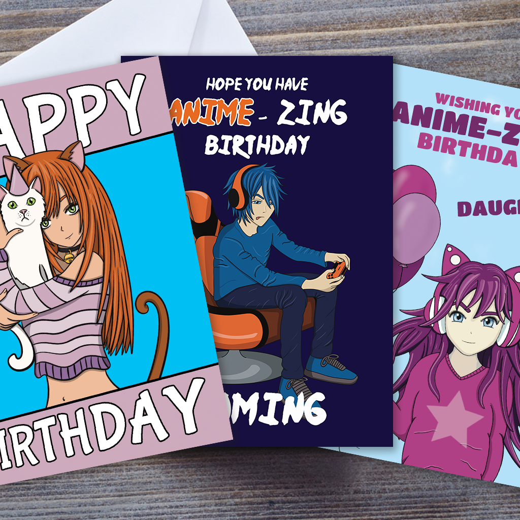 3 Anime Birthday Cards by Cupsie's Creations.