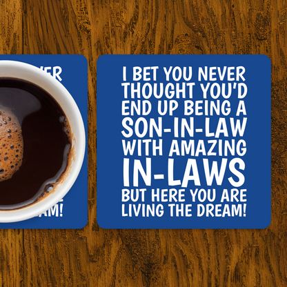 Funny Son-In-Law Coaster in blue with white text