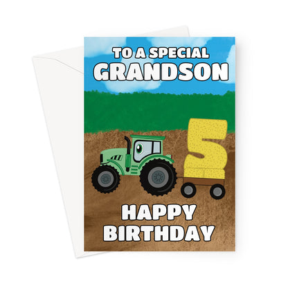 Farm Tractor 5th Birthday Card For Grandson