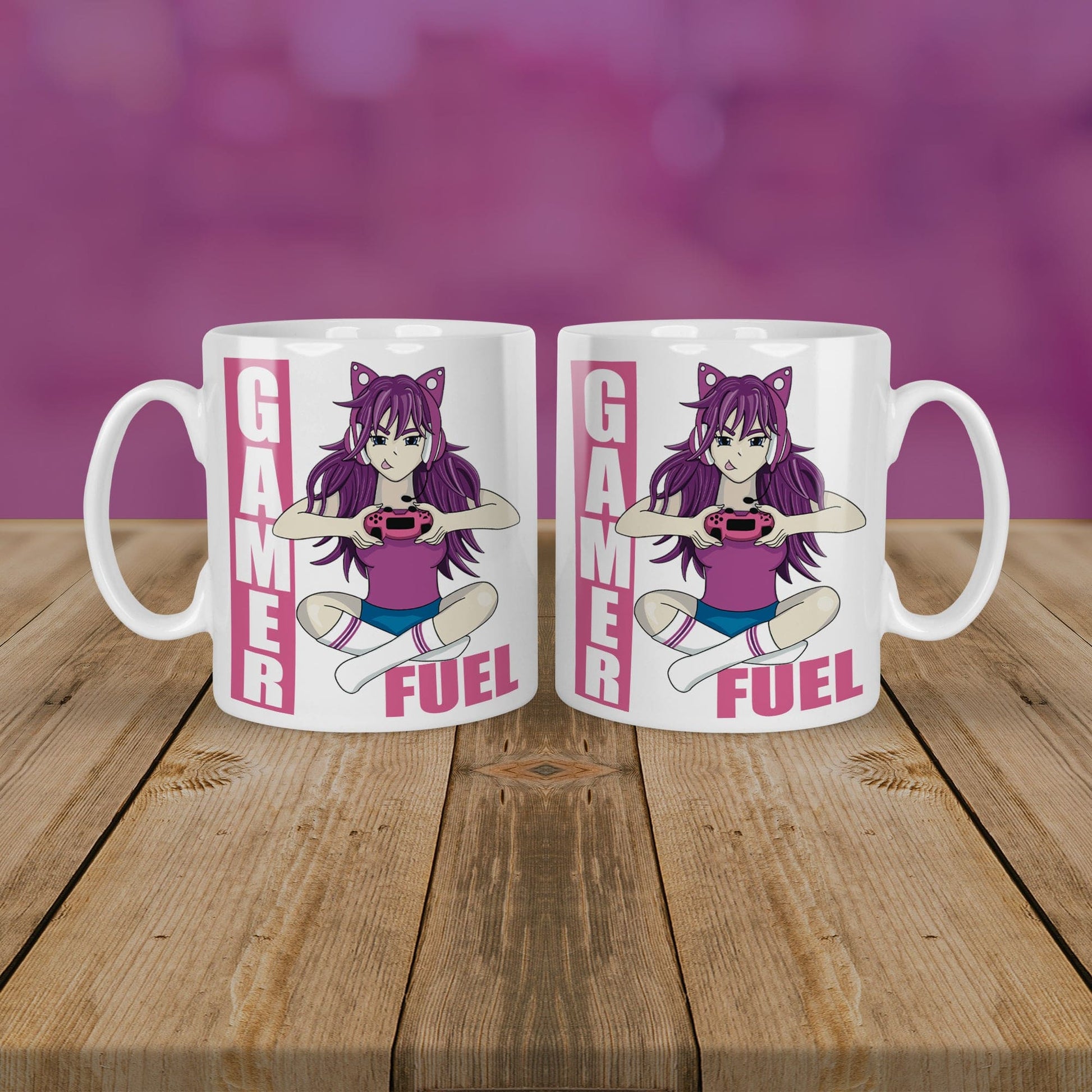 Gamer fuel tea mug with an illustration of a purple gamer girl.