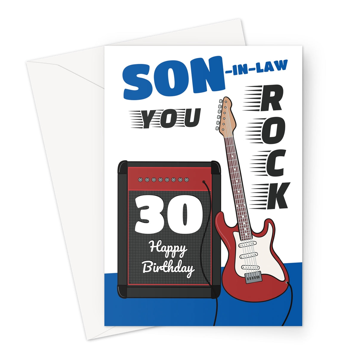 30th birthday card for son-in-law with electric guitar and amplifier design, featuring 'You Rock' text, the number 30, and 'Happy Birthday' message.